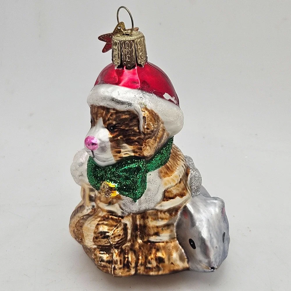 Vintage OWC Glass Cat & Mouse Christmas Ornament Santa Hat